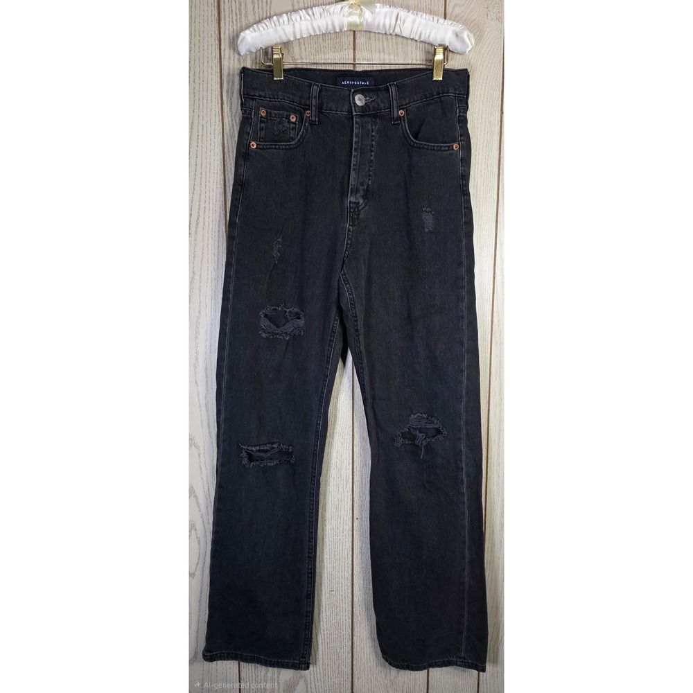 Aeropostale 90s Baggy Distressed Jeans Black High Rise Ripped Size 6 Reg MTMLPK1